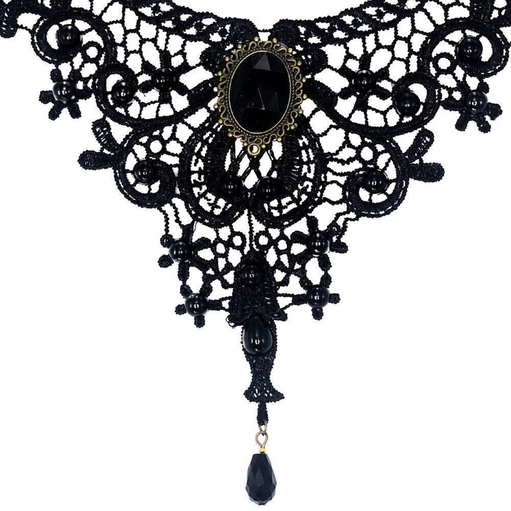 New Victorian Gothic Black Lace Choker Necklace with Gemstone Centerpiece - Picture 11 of 11